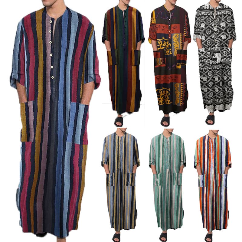 New Spring/Summer Clothing Long Sleeved Jumpsuit Arabic Striped Printed Muslim Men's Robe