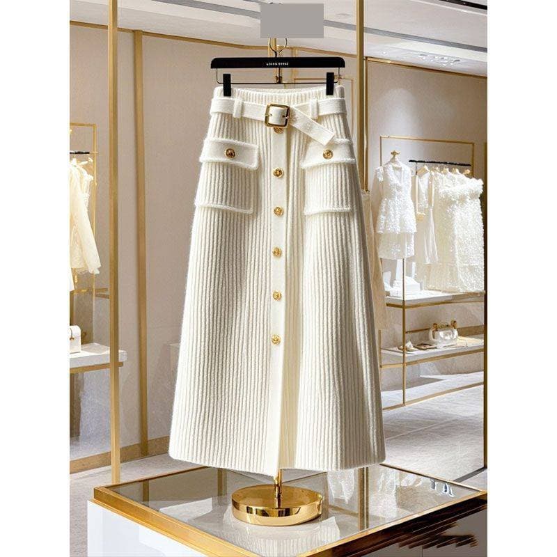 Women's Clothing Women's White High-Waisted A-Line Knit Midi Skirt Sophisticated Trendy Uniquely Beautiful Perfect For Winter