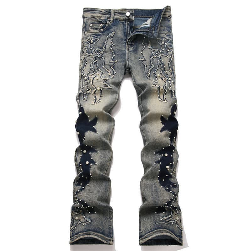"Punk Rock Slim Fit Stretch Jeans For Men – Mid-Rise Skinny Denim With Embroidery & Studs | Vintage Blue Gothic Streetwear"