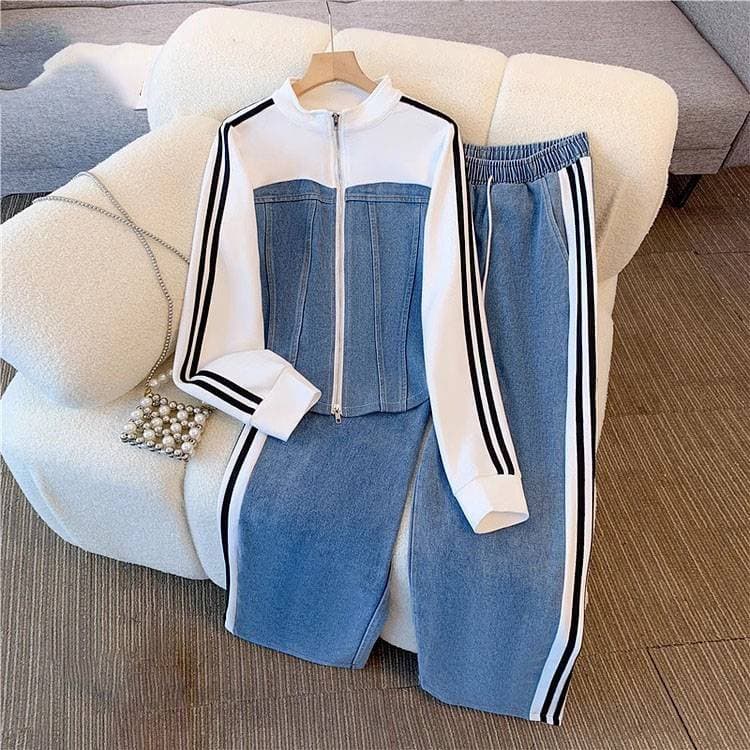 Women's Clothing Zipper Two Piece Long Sleeved Suit Spring And Autumn Denim Splicing Tops Wide Leg Trousers