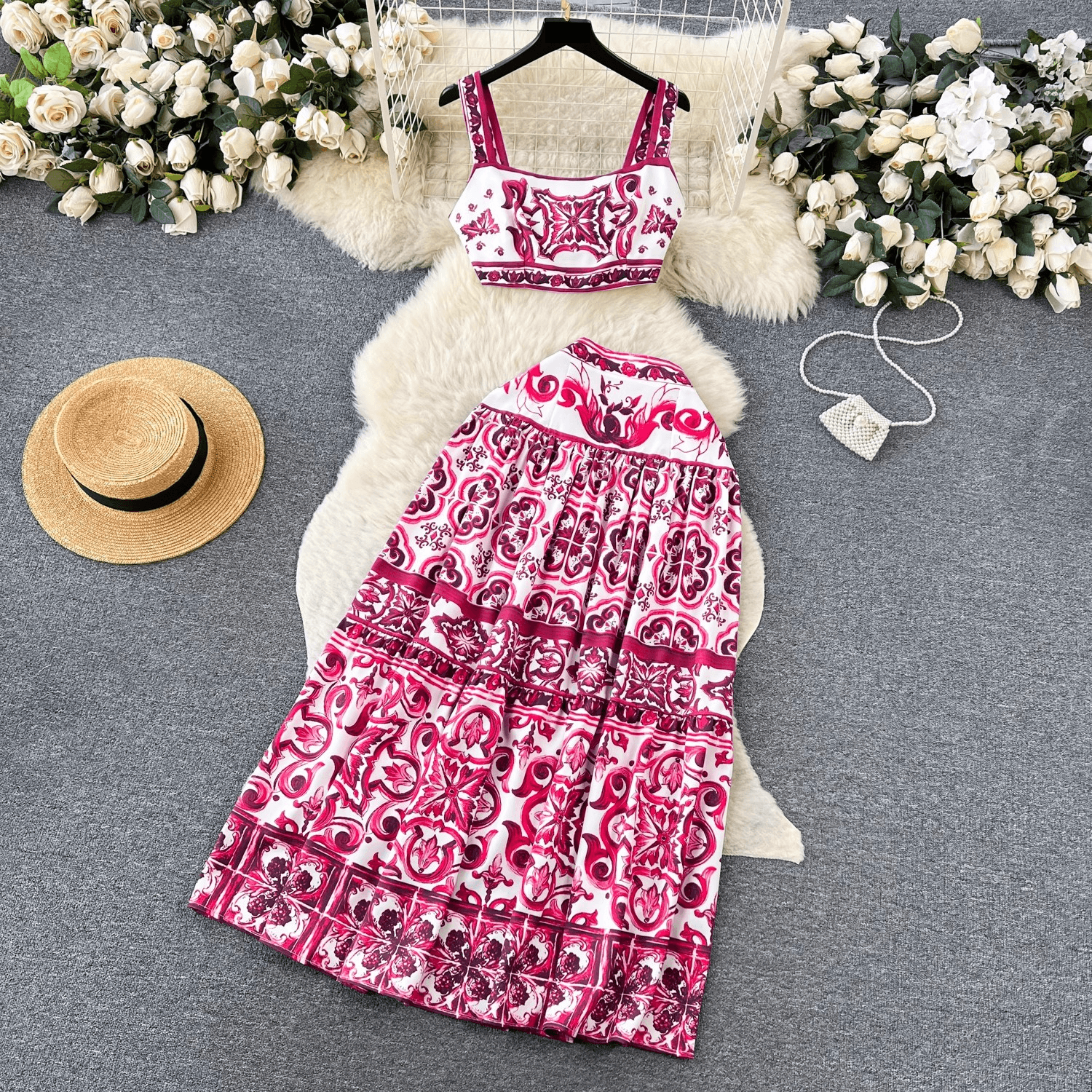 Women's Blue And White Porcelain Print Suit For Women Pure Lust Revealing Waist Camisole + High Waist Mid-length Skirt