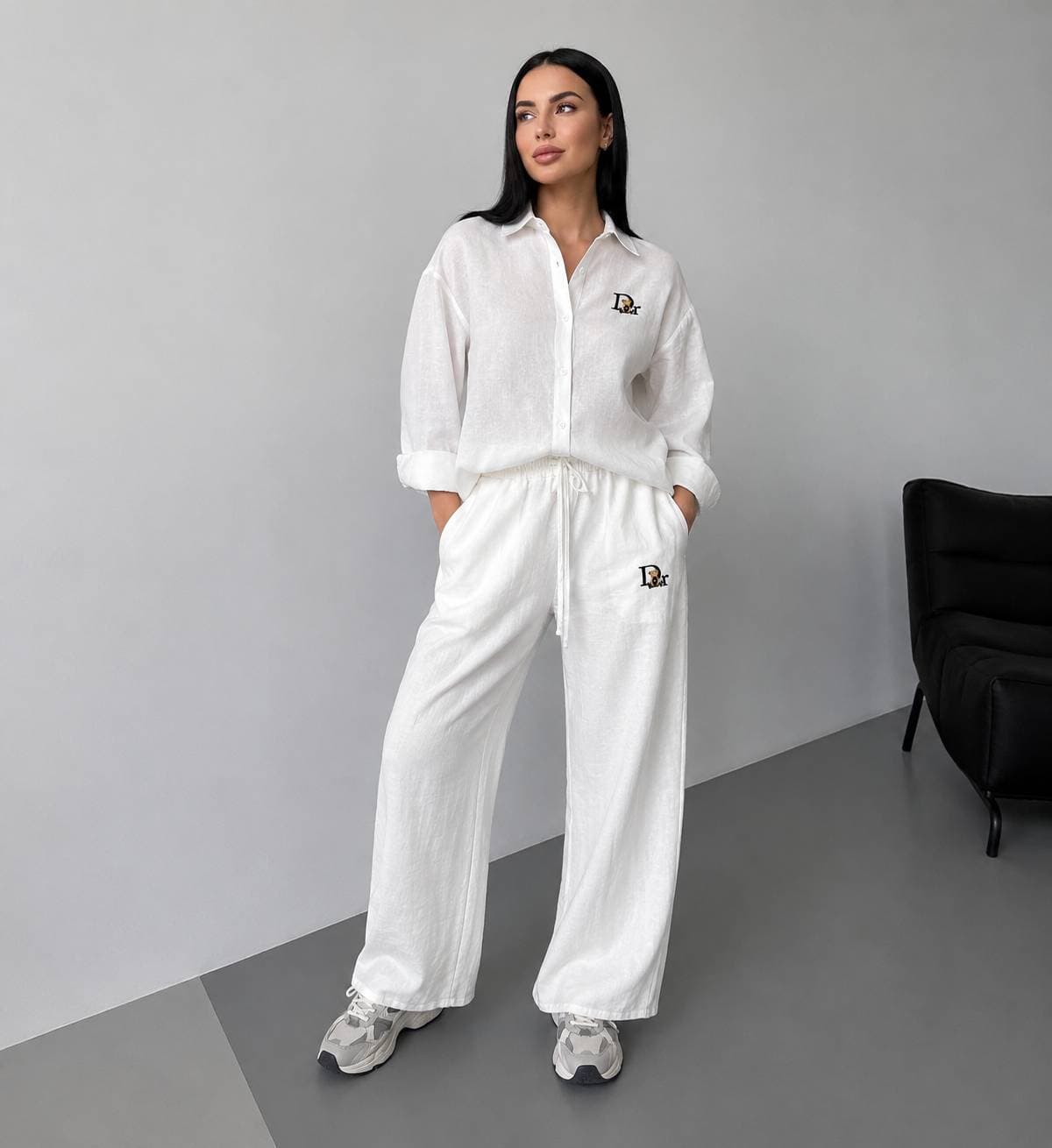 Ladies Light Blue Tencel Suit Casual Slimming Summer Shirt Wide Leg Pants Set