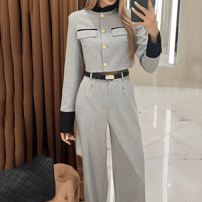 Women's fashion contrasting color small fragrance style elegant wide-leg trousers suit