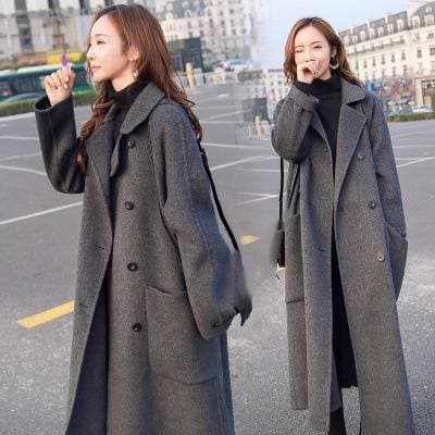 Women's Clothing woolen coat mid length autumn and winter new loose knee length gray thickened woolen coat