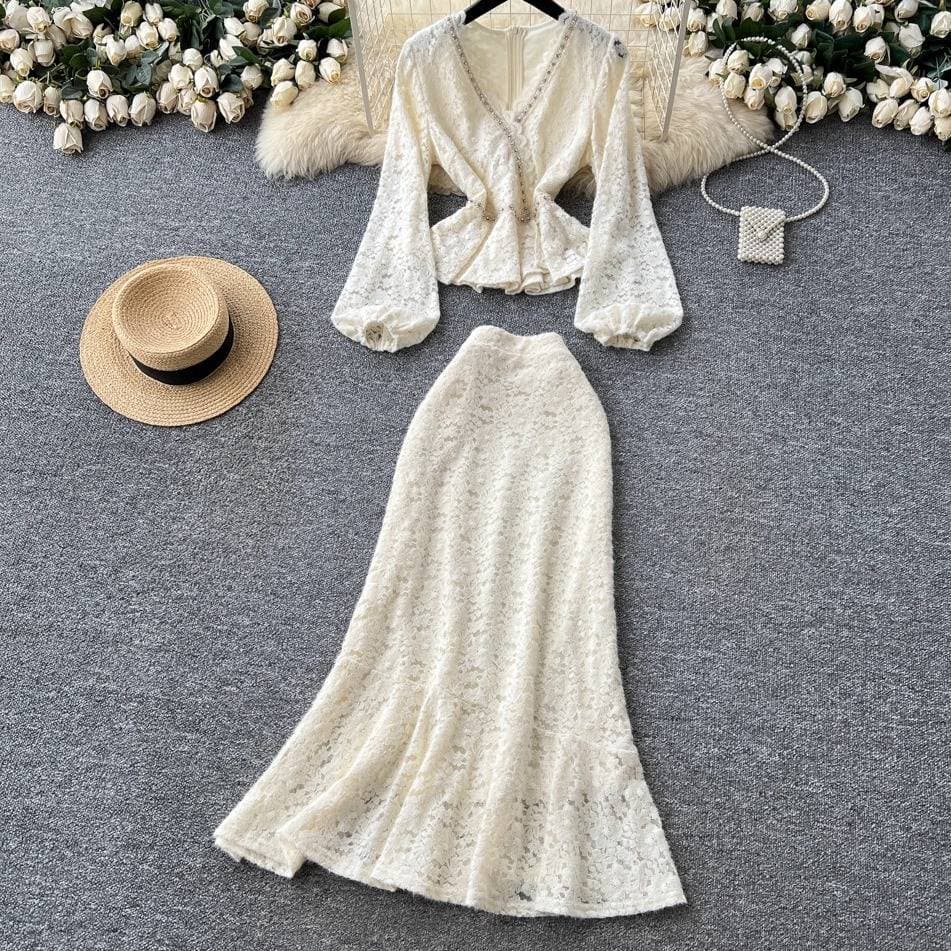 Voghion Parisian Chic: Rhinestone Lace Blouse & Fishtail Midi Skirt Set In Apricot - Elegant Two-Piece Outfit For Autumn