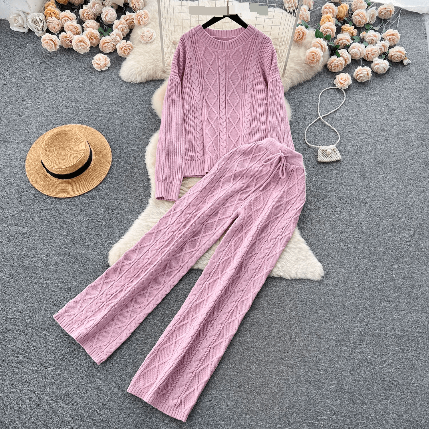 Women's Clothing Fashion suit for women gentle style loose cable knit sweater sweater high waist slim drape trousers two piece suit