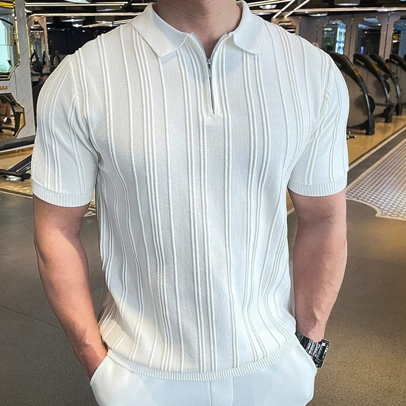 Men's Slim Fit Half Zip Short Sleeve Shirt Versatile Solid Color Turn Down Collar Wrinkle Free Knit Sweater Summer New Style