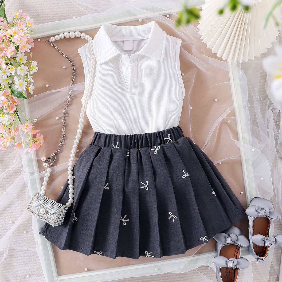 Kids’ Clothing Children's Suit Summer Korean Version Girls Lapel Sleeveless Vest Printed Bow Pleated Skirt Two Piece Suit