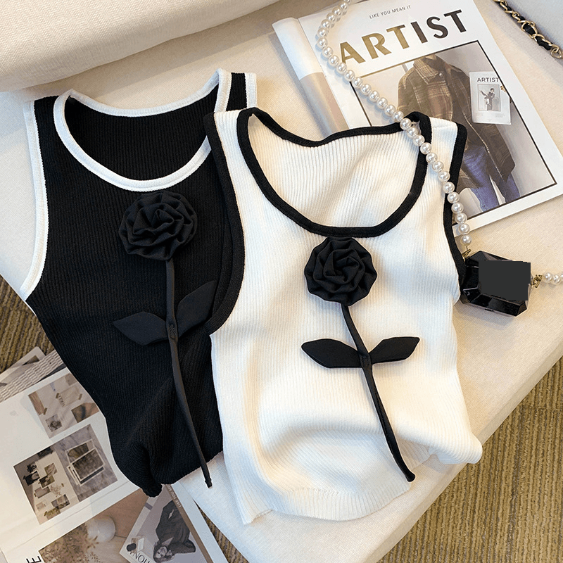 Women's Clothing Three Dimensional Flower Slim Sleeveless Vest Suspenders Ice Silk Knitted T Shirt