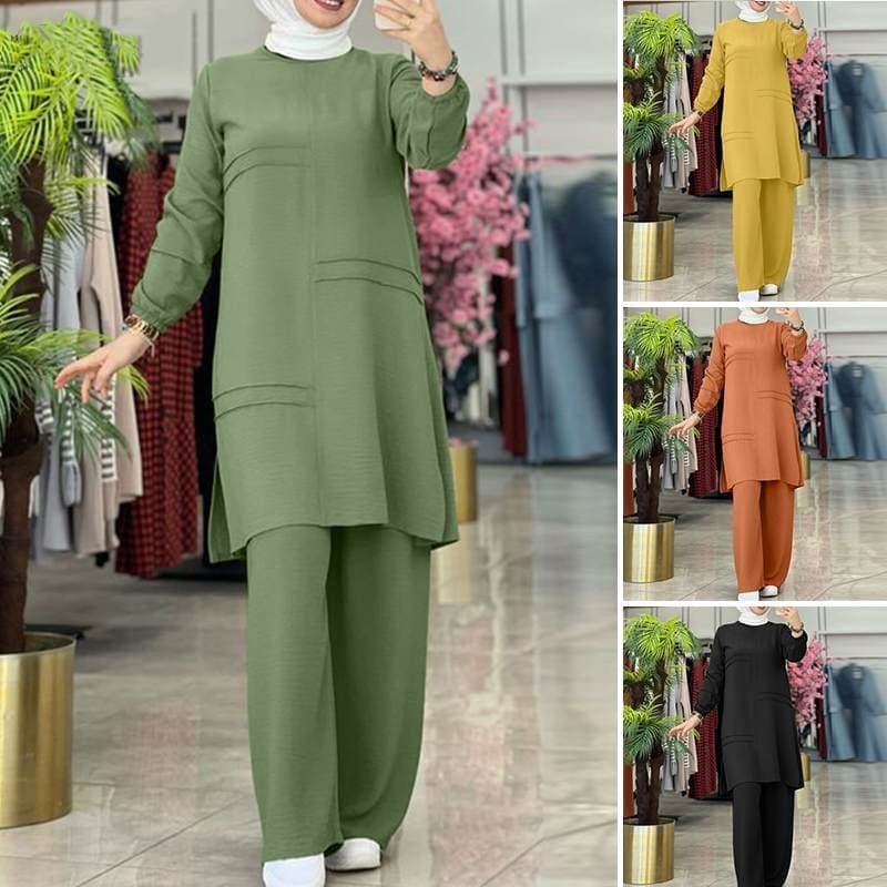 Women's Clothing Solid Color Two Piece Clothing Sportswear Elegant Temperament Long Sleeved Shirt Wide Leg Pants Set