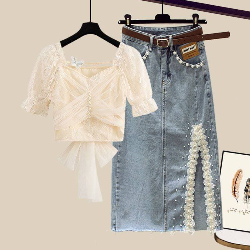 French Style Women's Two-Piece Set - One-Shoulder Chiffon Shirt & Retro Denim Skirt | Elegant & Trendy Outfit