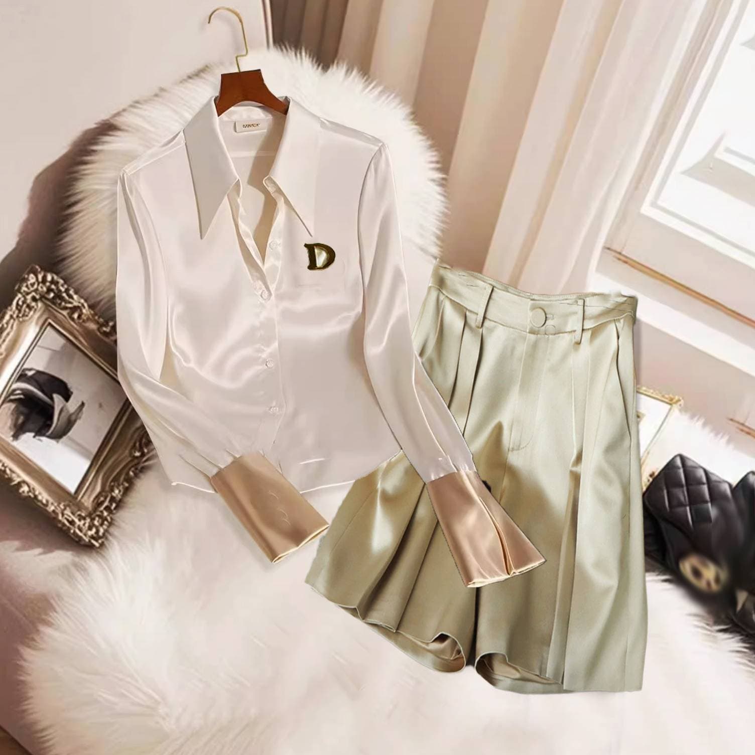 Women's Clothing Ladies Say Clothing Fashion High End Tops Niche Unique Unique Cool White Acetate Satin Shirts and Shorts