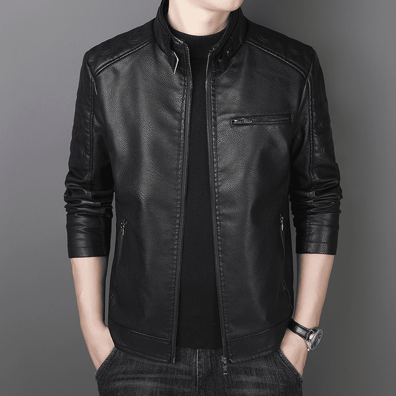 Men's Motorcycle Jacket Standing Collar Fashion Personality Washed Leather Coat