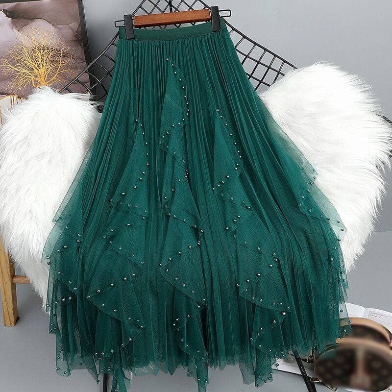Women's Clothing Heavy beaded petal mesh skirt spring new high waist slim medium long skirt large swing a line gauze skirt