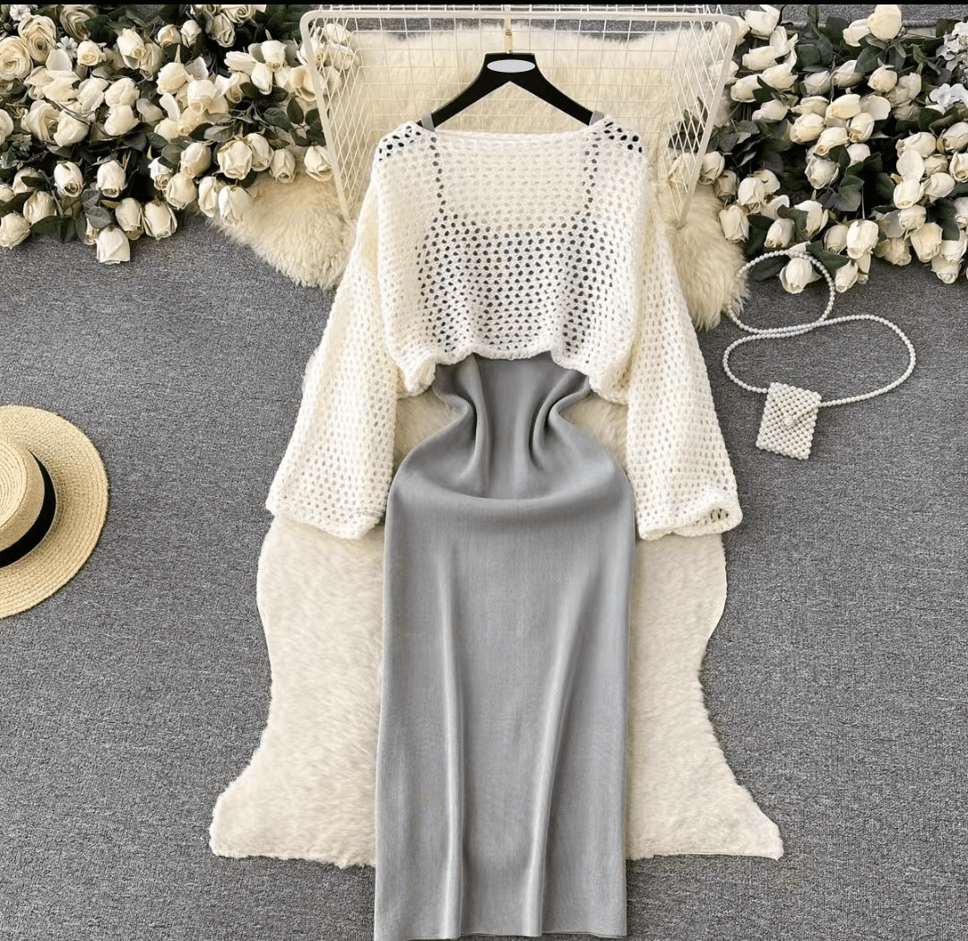 Women's Clothing Large Size Fat Mm Early Autumn New Suit Hollow Knitted Cardigan + Gentle V Neck Suspenders Knitted Vest Long Skirt