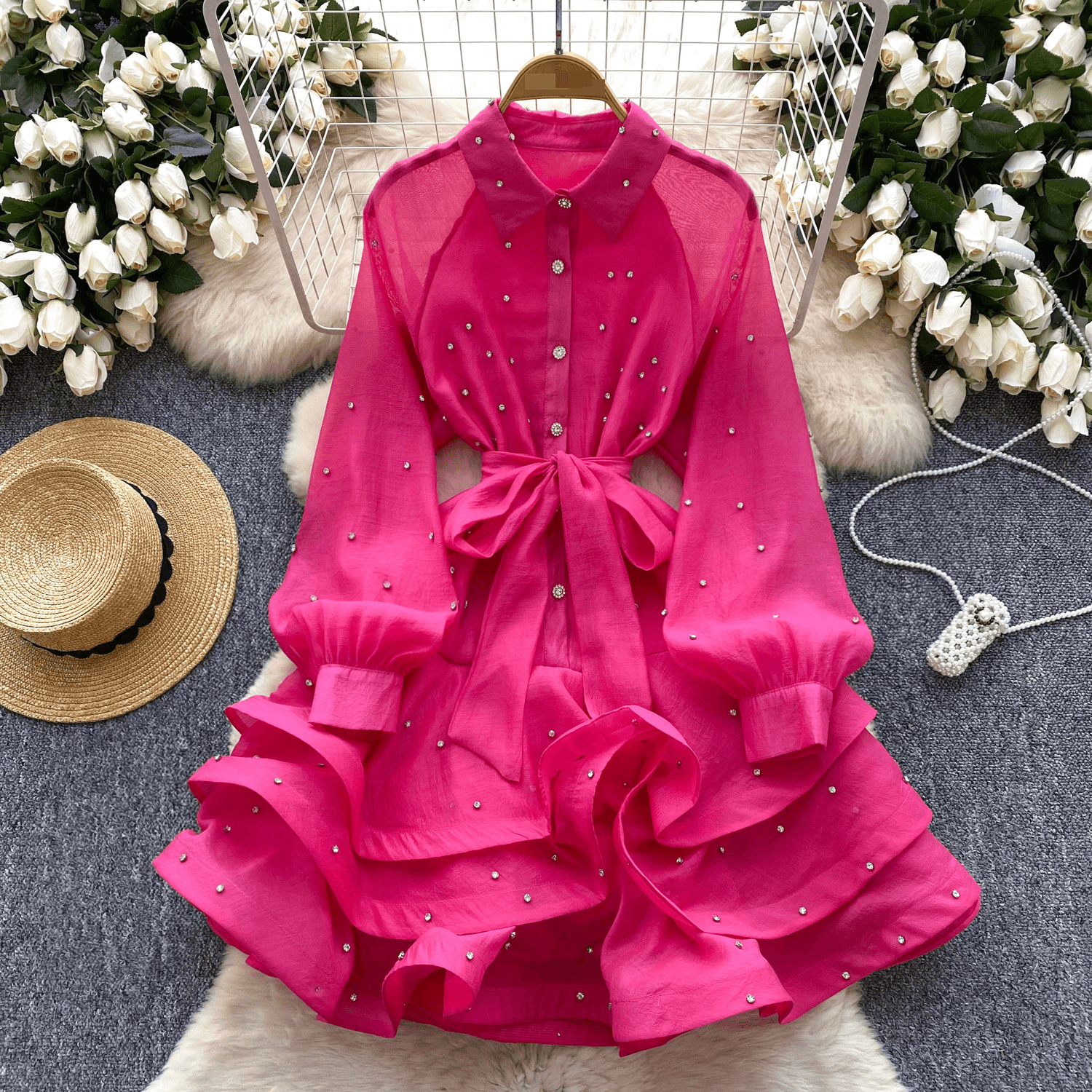Women's Clothing High End Heavy Diamond Ruffle Dress Women's Spring Dress With Tie Waist Temperament Lace Puffy Dress