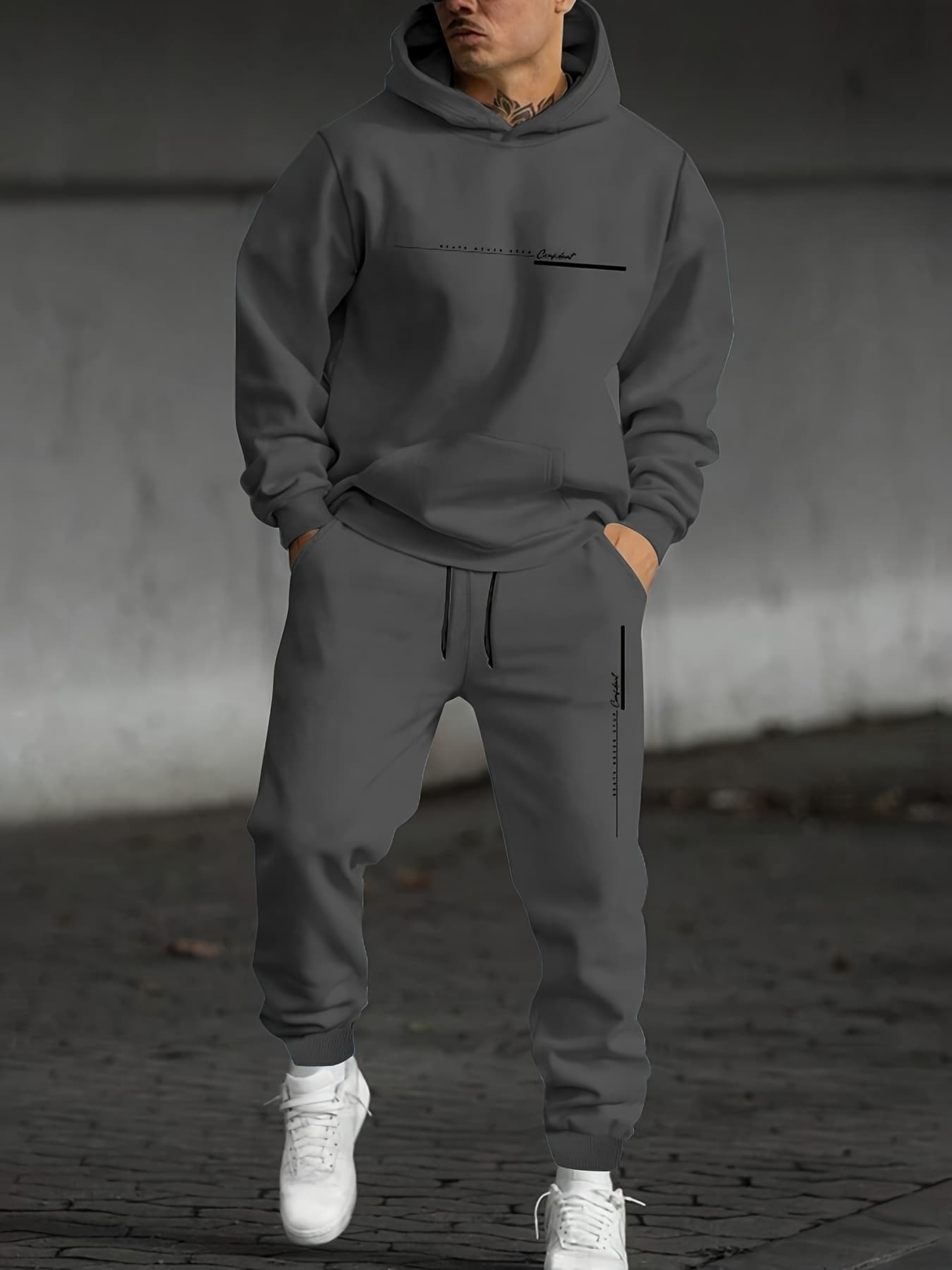Men's Autumn And Winter Casual Fashion Letter Printed Loose Plush Thick Hooded Sweatshirt+sweatpants Set