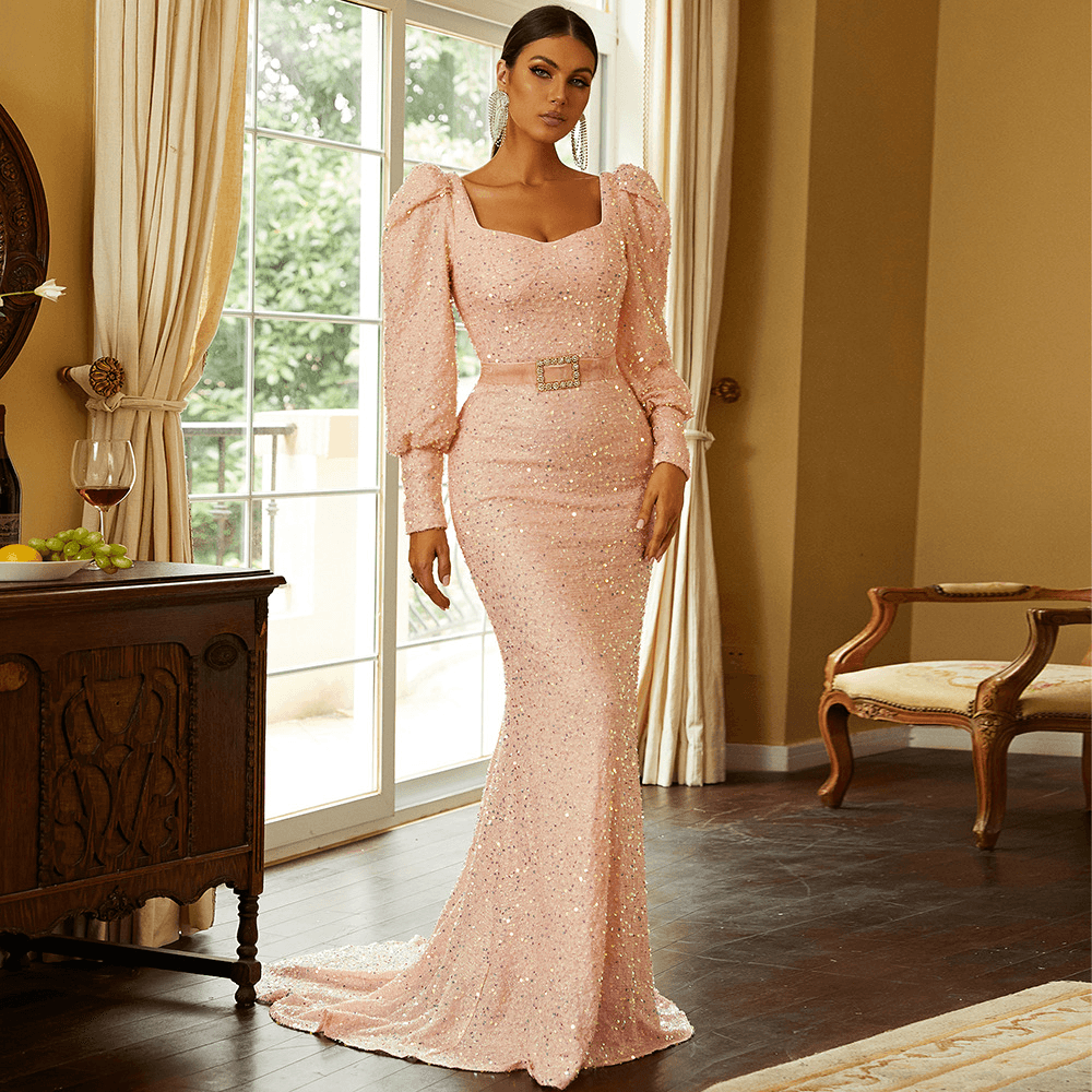Women's Clothing Long-sleeved Temperament Sexy U-neck Sequins Long Toast Dress Evening Dress Bridesmaid Dress Female