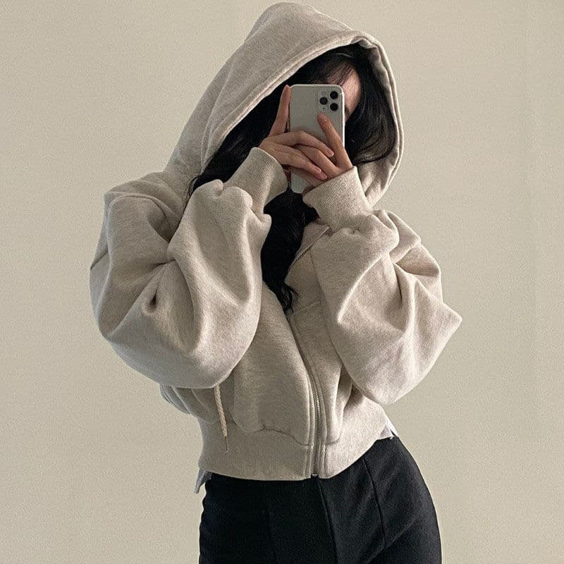 Women's Slim Fit Fleece Hooded Zip-Up Sweatshirt - Stylish Short-Length Pullover For Spring & Autumn - Solid Colors