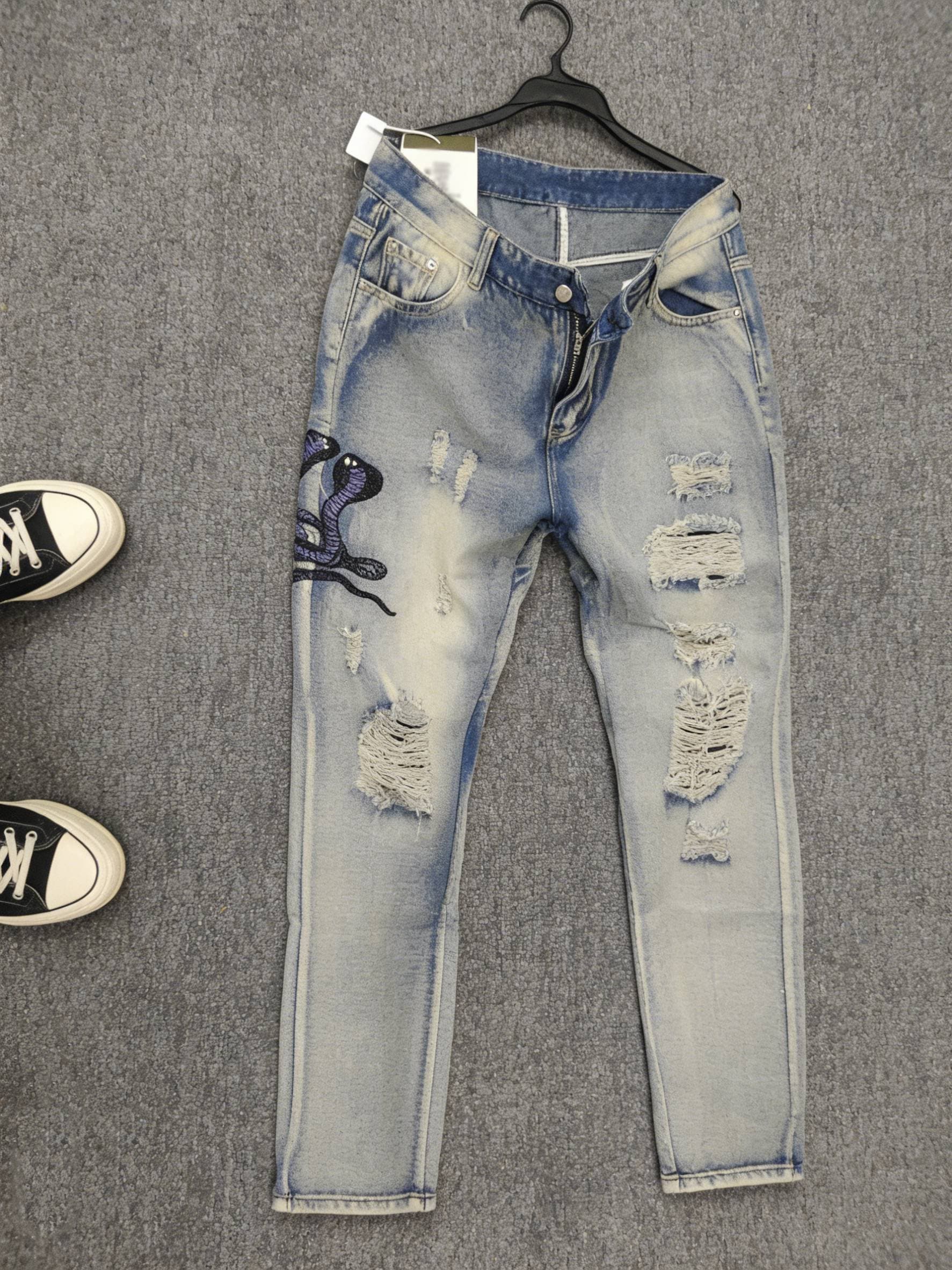 Men's Light Blue Ripped Skinny Jeans Low Waist Slim Fit European Style Trendy Embroidered Long Trousers High Street Fashion