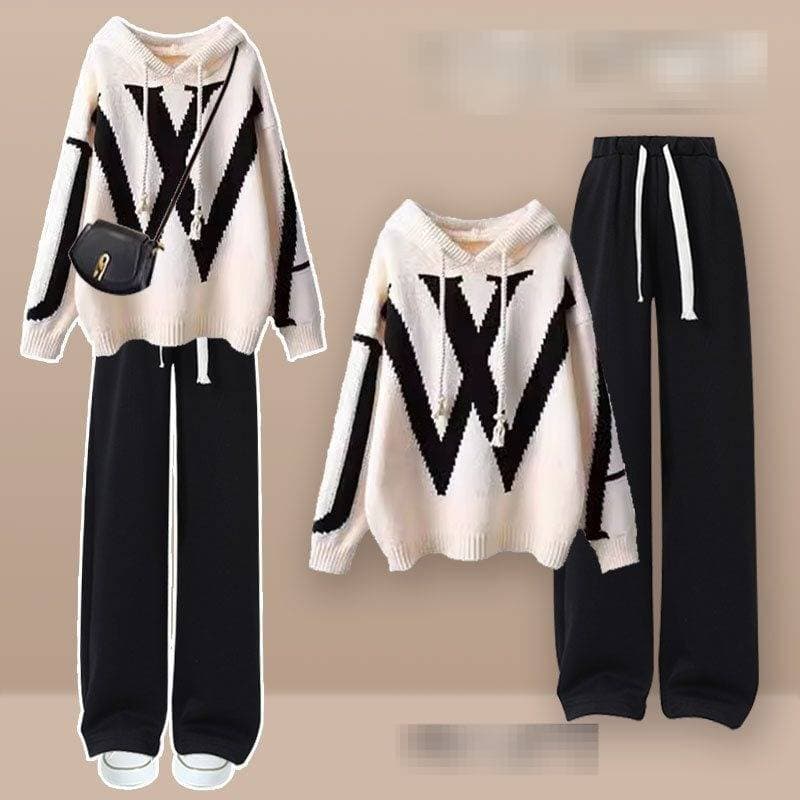 Women's Autumn Winter Loose Knit Sweater & Wide Leg Pants Set - Cozy Oversized Pullover With Flowy Trousers, Beige & Black