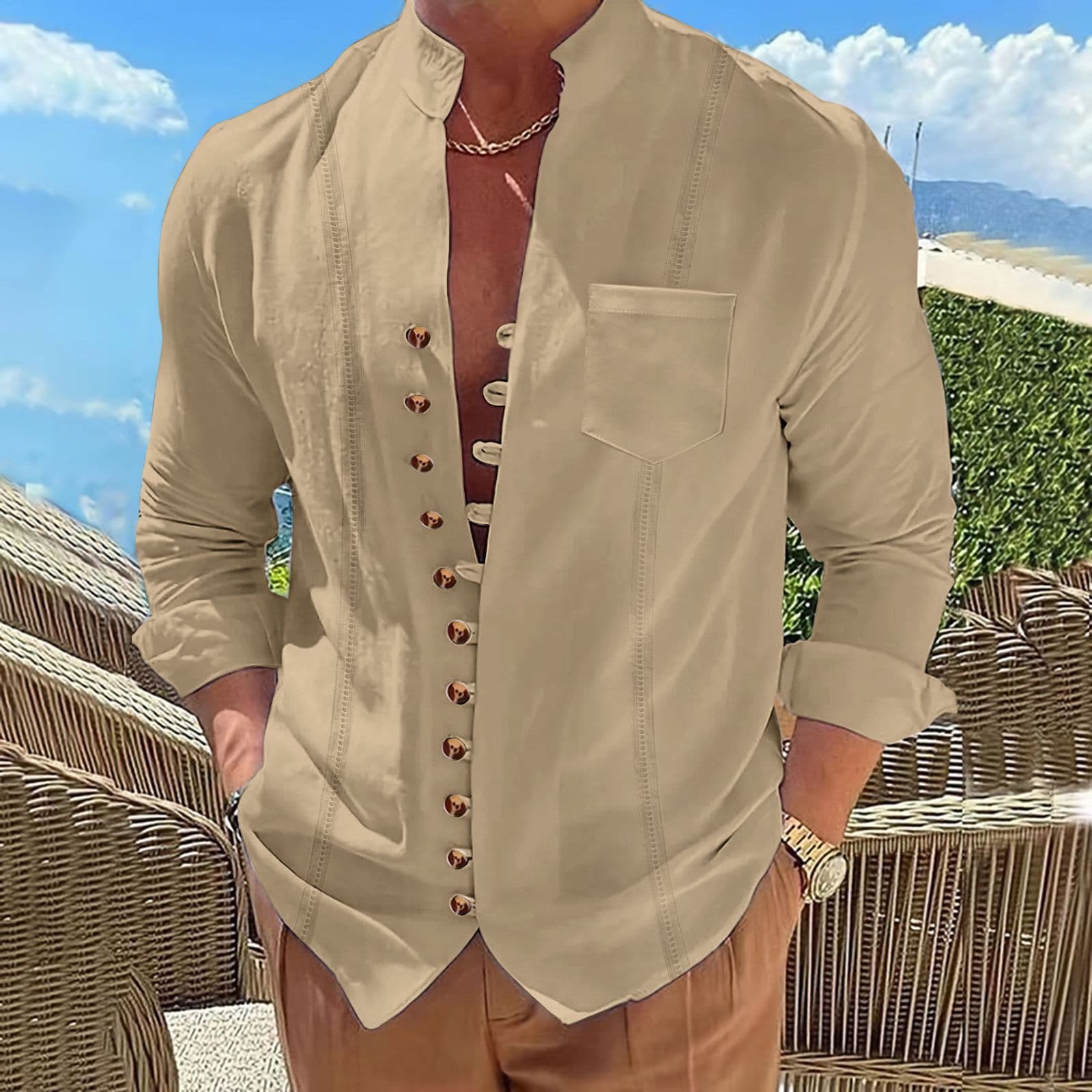 Men's Clothing Cuban Style Retro Cotton And Linen Casual Loose Long Sleeve Shirt