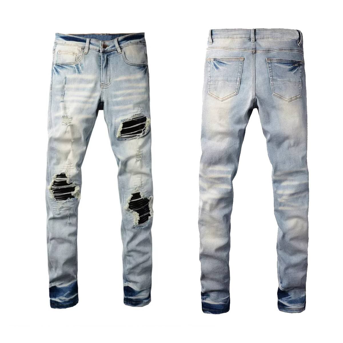 Men's Distressed Patchwork Jeans - High Street Style With Graffiti Lettering & Stretch Comfort