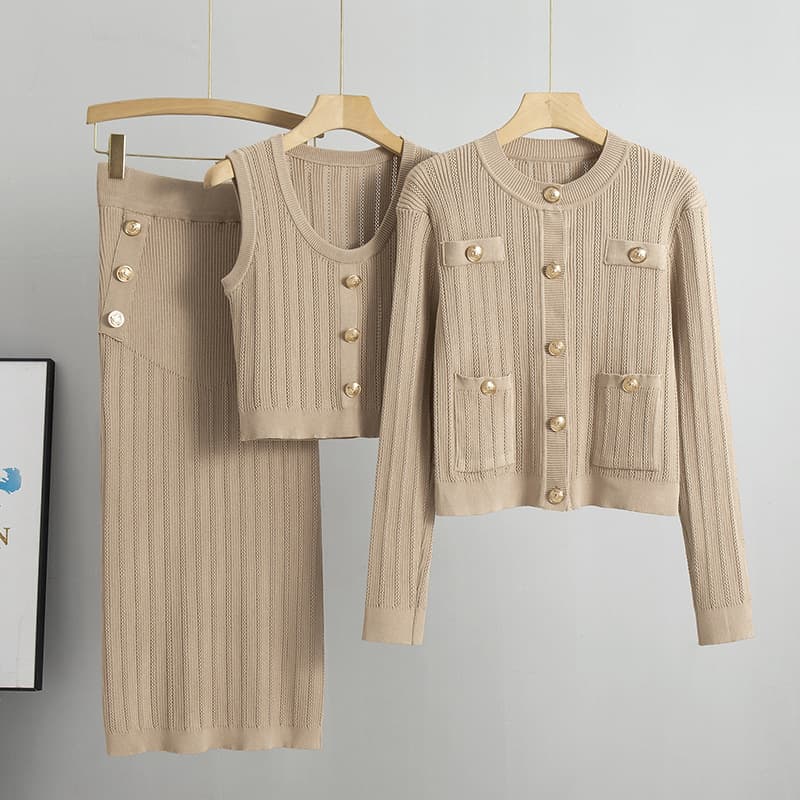 Women's Clothing Knitted Suit For Women Spring New Style Cardigan Sweater + Vest + Knitted Skirt Three Piece Suit