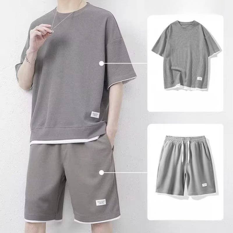Men's Waffle Round Neck T-Shirt Shorts Two-Piece Suit Men's Suit Comfortable Thin Two-Piece Short-Sleeved Suit