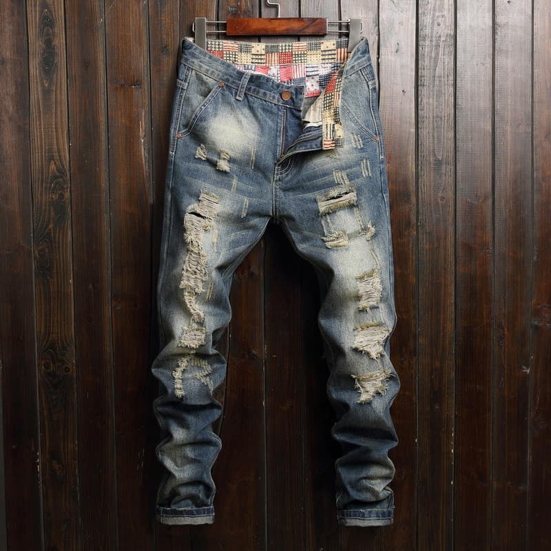 New Men's Jeans Men's Big Hole Jeans Men's Fashion Personality Straight Fit Pants