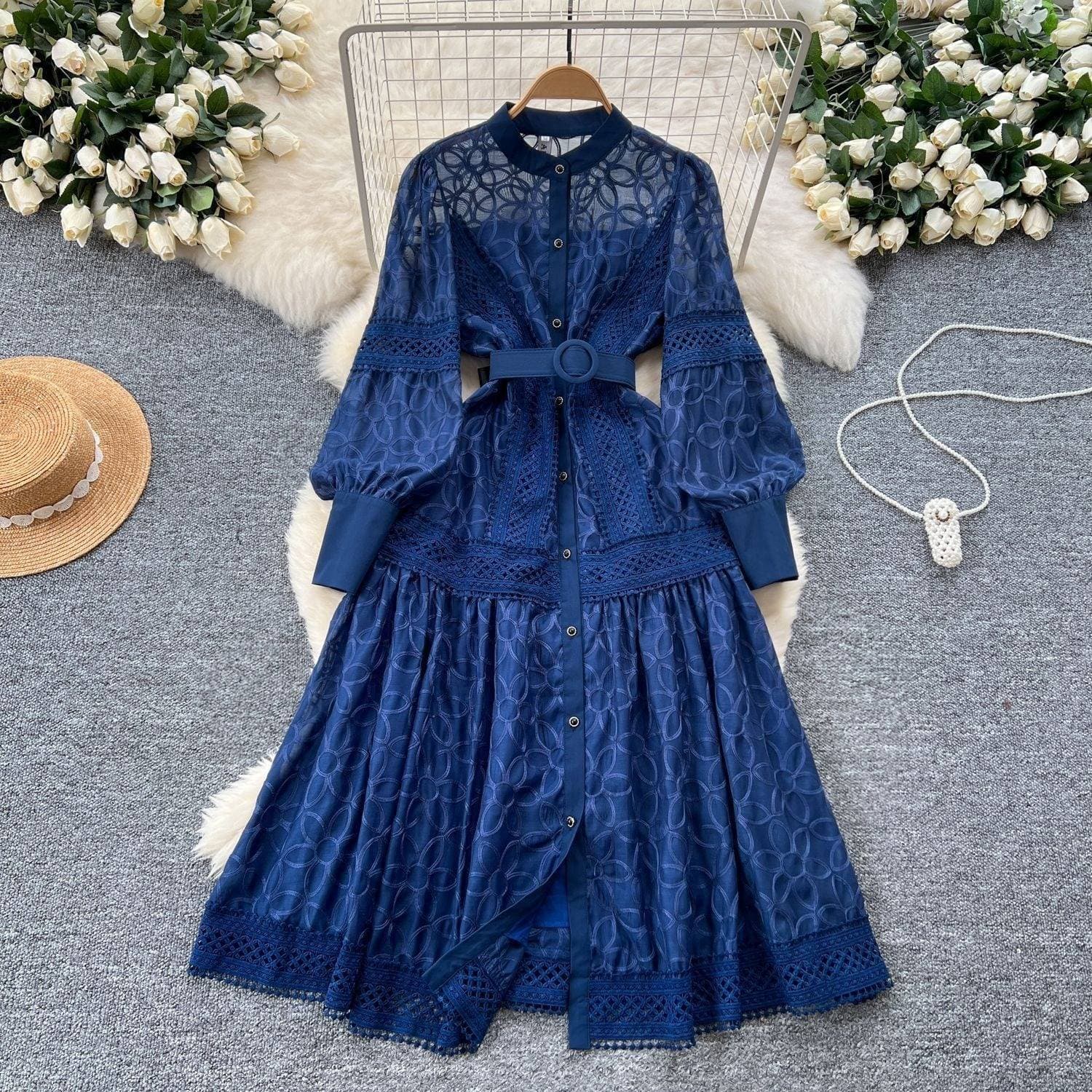 Women's Clothing Palace Style Dress Spring Elegant Embroidered Lantern Sleeve Waist Single-breasted Large Dress