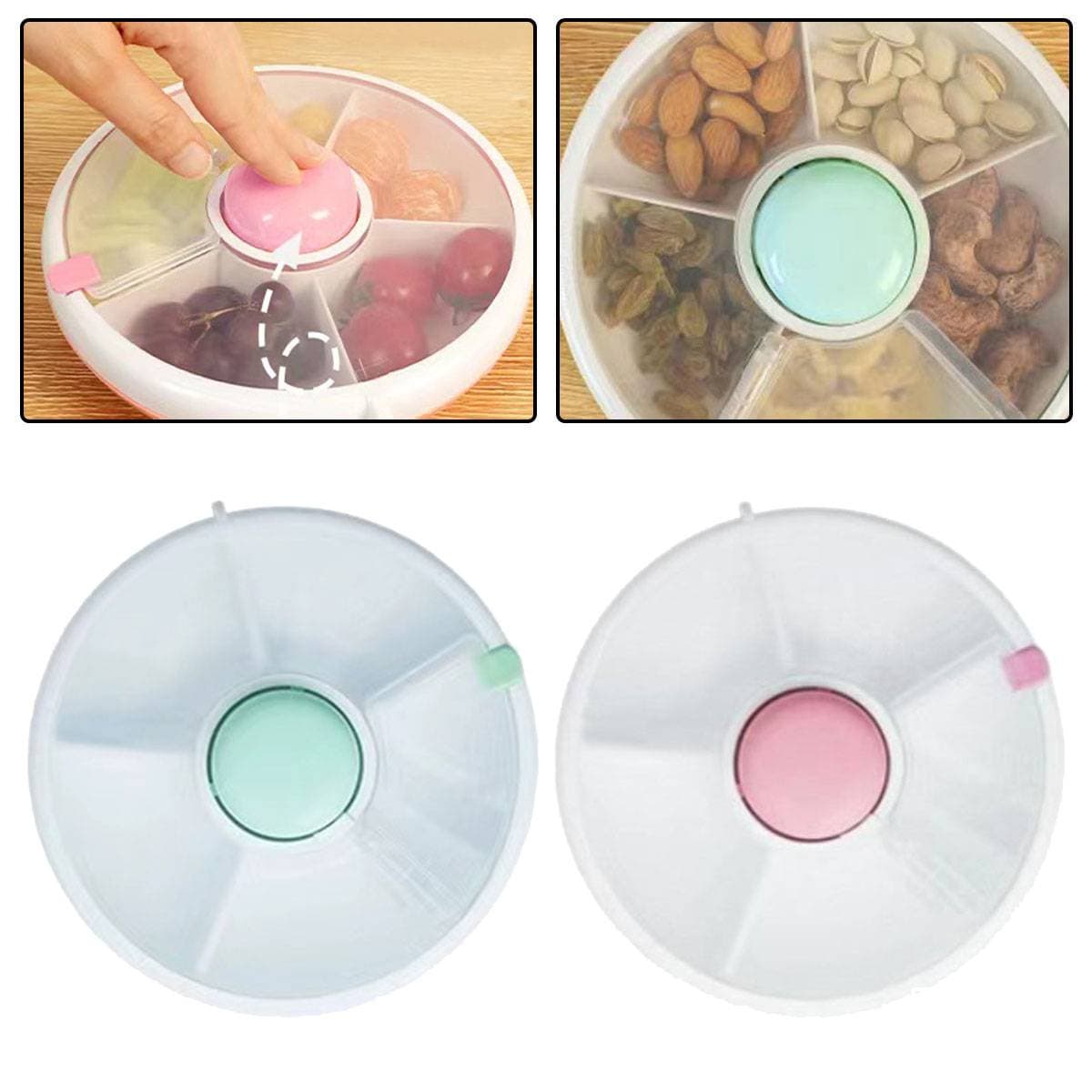 5 Compartments Toddler Spinner Portable Serving Tray Divided With Lid Food Box For Snack Candy Nut Picnic Travel