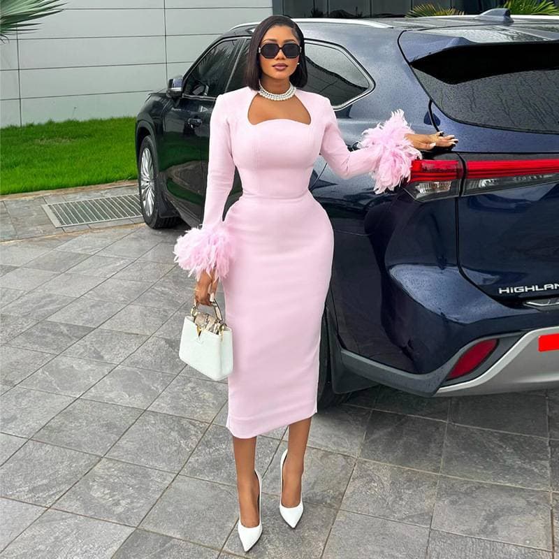 Sweet & Fresh Square Neck Long Sleeve Feather Trim High Waist Slimming Dress - Autumn New Style