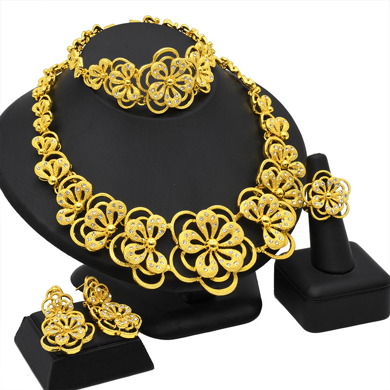 Gold full diamond bride wedding necklace earrings ring bracelet four-piece set
