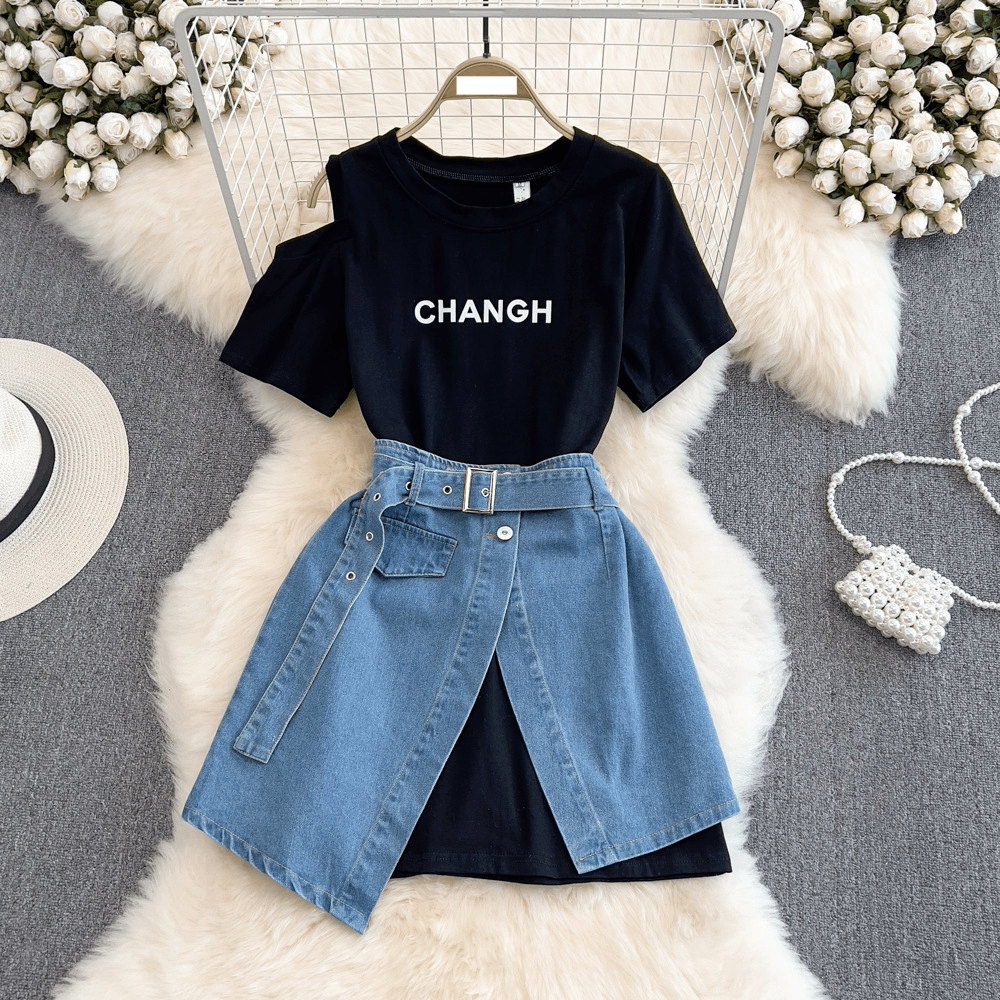 Women's clothing Hong Kong style ins round neck off-shoulder mid-length T-shirt layered short-sleeved two-piece suit high-waisted denim skirt summer