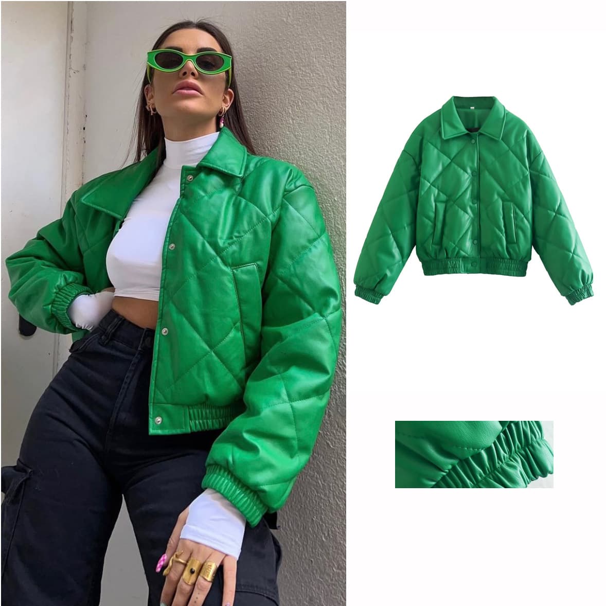 Women's Clothing autumn new style green PU leather cotton short coat jacket top