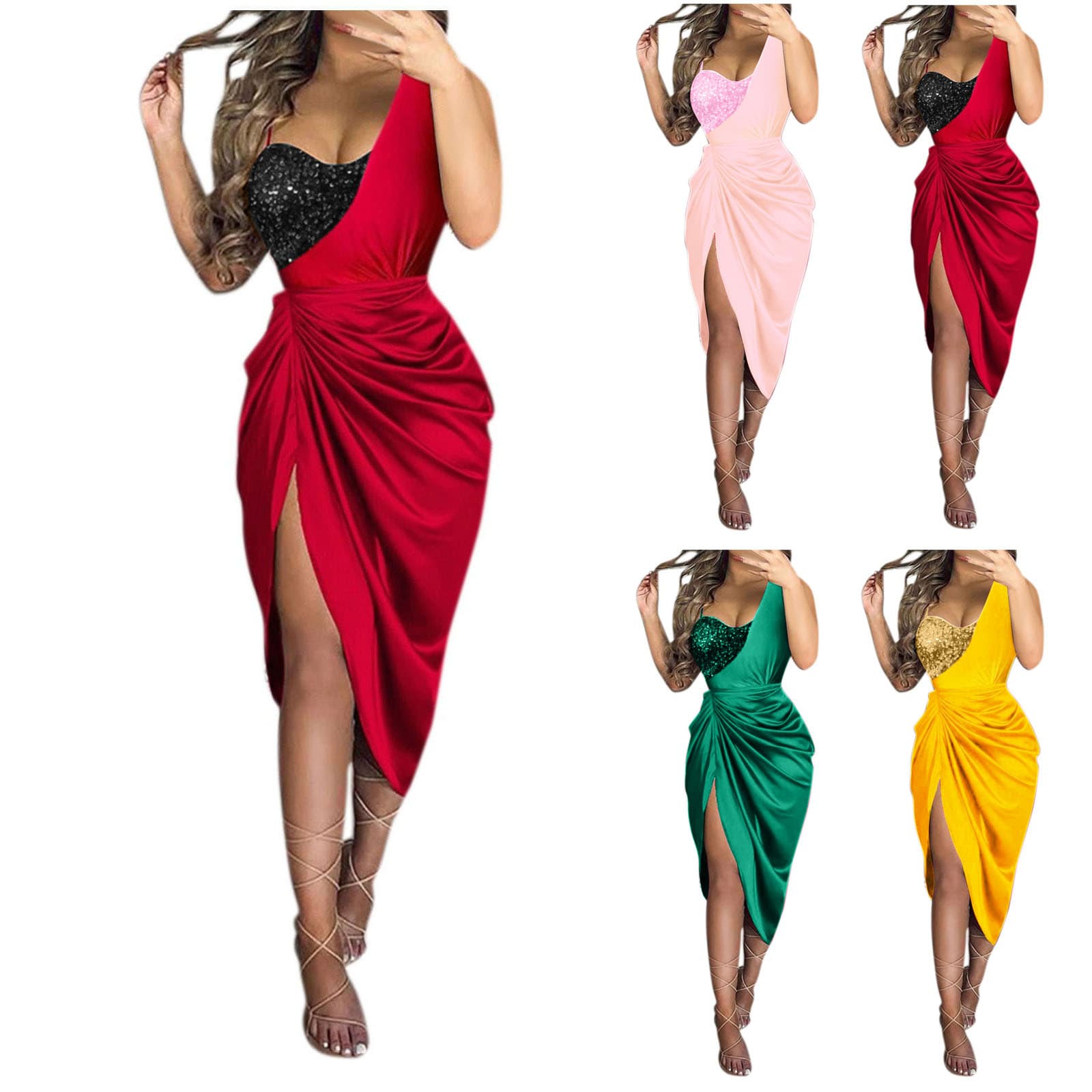 Women's Clothing Solid Color Sexy Sequins Slit Pleated One Shoulder Evening Dress