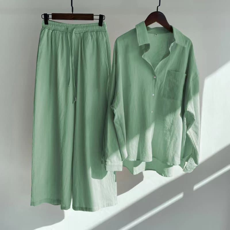 Ensemble chemise à manches longues et pantalon ample pour femme - Tenue confortable et protection solaire, ensemble deux pièces décontracté