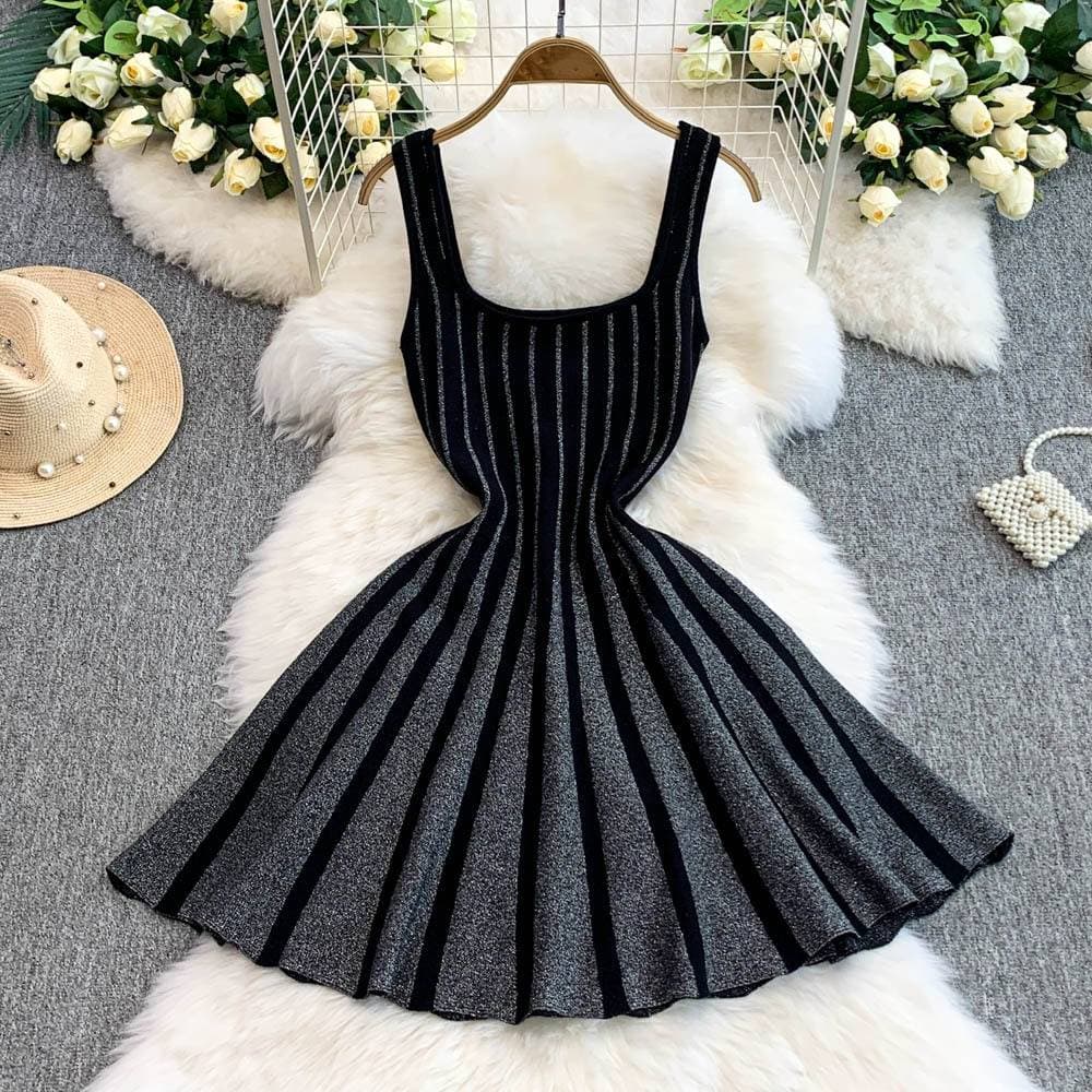 Women's Clothing New Style Elegant Vertical Stripes Waist Slimming Suspender Dress Light Mature Style Knitted Long Skirt Female