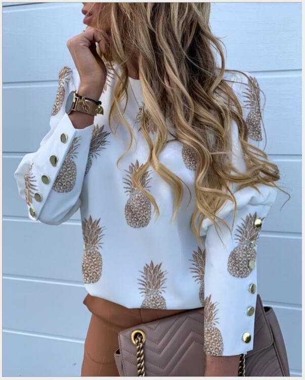 Women's autumn and winter long-sleeved button pineapple print shirt women's shirt
