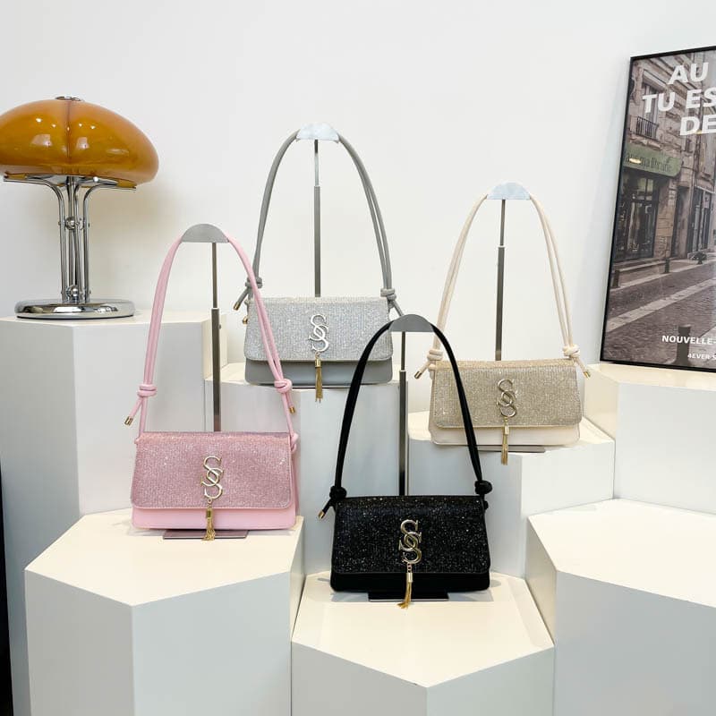 Women's Bags Textured Fashionable Women's Bag Winter New Style New Style Fashionable Small Square Bag Stylish Letter Tassel Underarm Bag