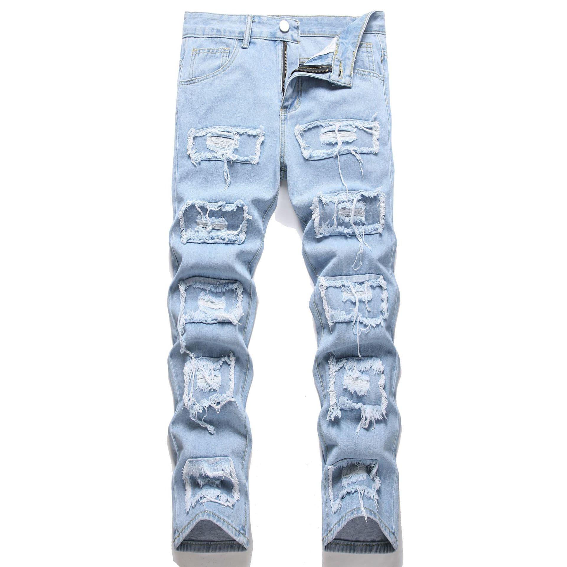 2024 Men's Bionic Jeans Solid Color Small Feet Elastic Perforated Beggar Pants Slim Fit Long