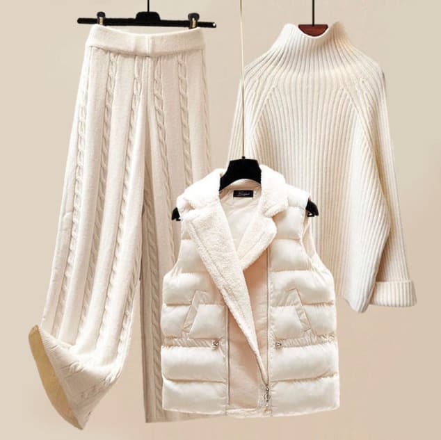 Women's Clothing Thickened Vest Turtleneck Knitted Sweater Wide Leg Pants Three Piece Suit Autumn And Winter New