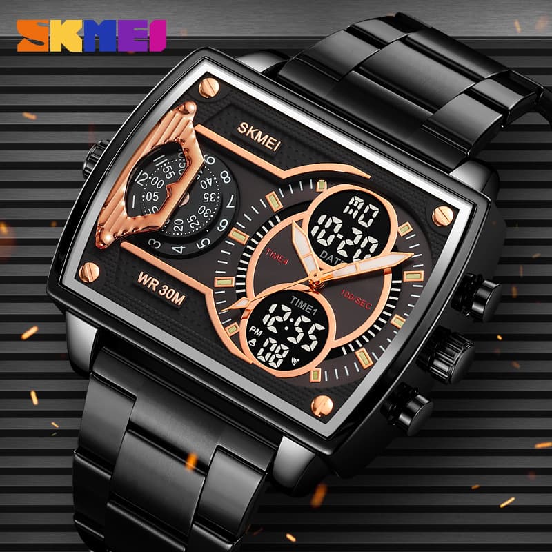 Shimei Dual Display Multi-Function Four-Time Electronic For Men, Large Dial, Heavy Fashion Steel Band Watch
