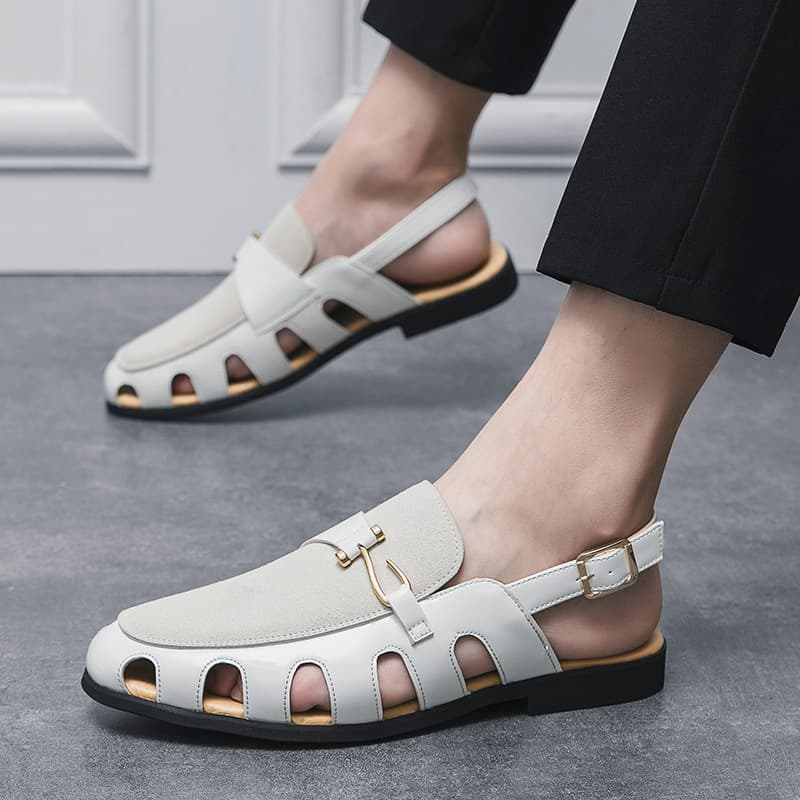 Large Size Fisherman Leather British Summer Breathable Hollow Out Men's Shoes Buckle Formal Sandals