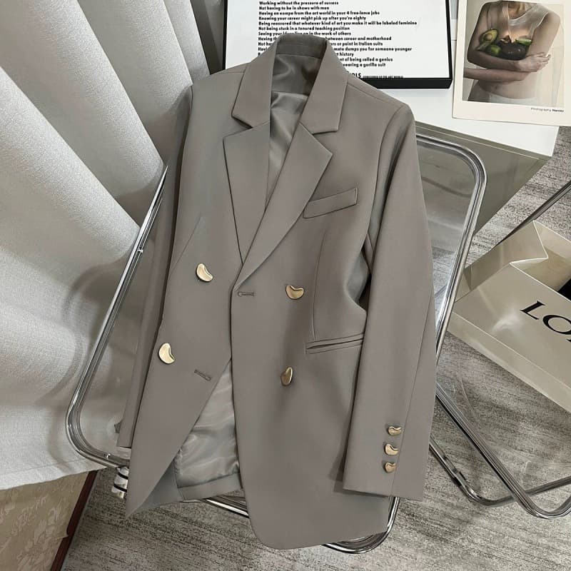 New All-match Fashionable And Elegant Gray Small Suit For Women Loose Trendy British Style Medium And Long Style High-end