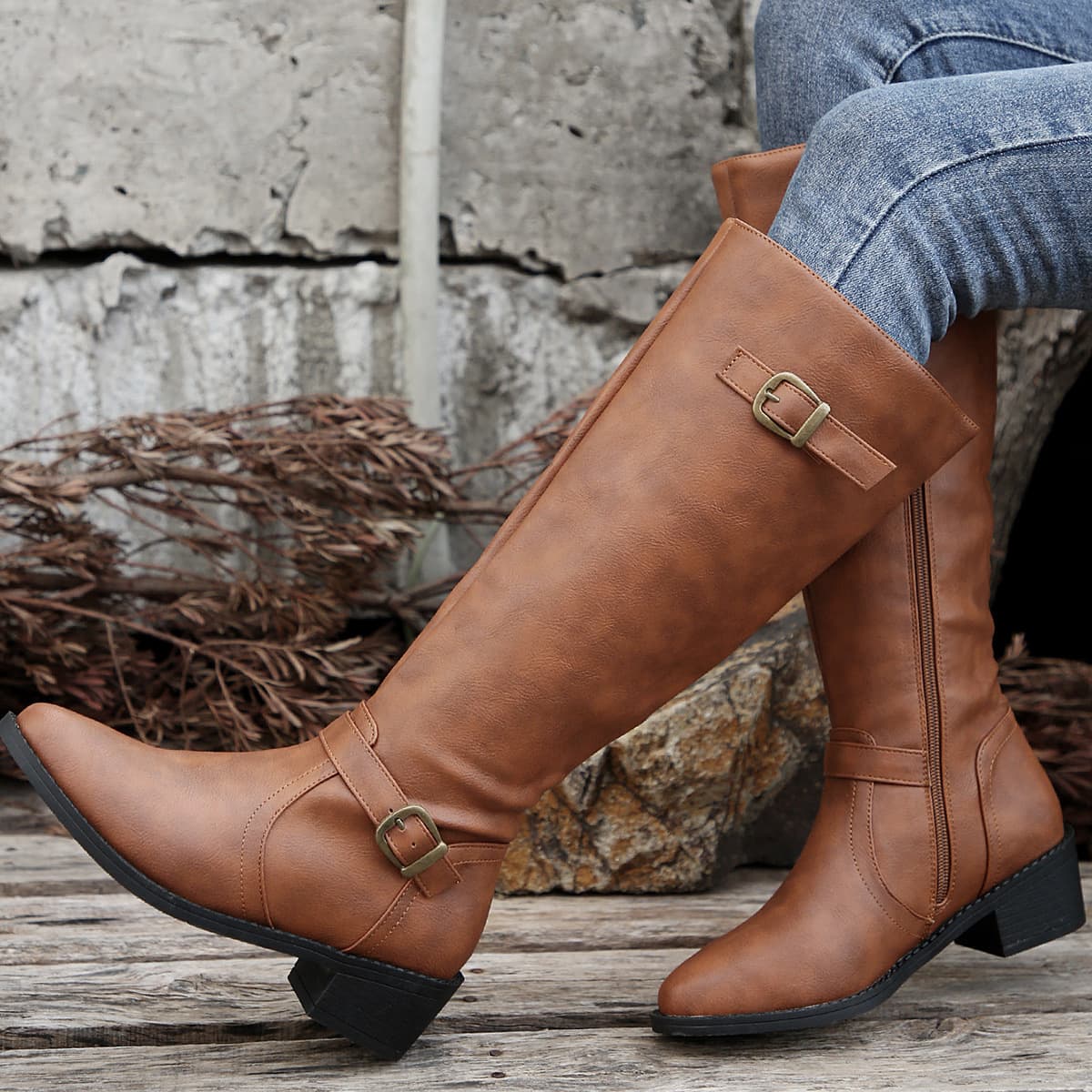Women's boots Square heel high knight boots belt buckle Solid color boots for women