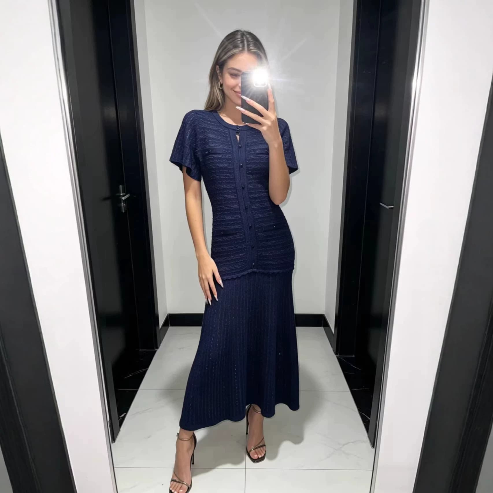 S Brand Women's Summer Knitted Dress Elegant Slimming Round Neck Short Sleeved With Shimmering Hollow Out Details