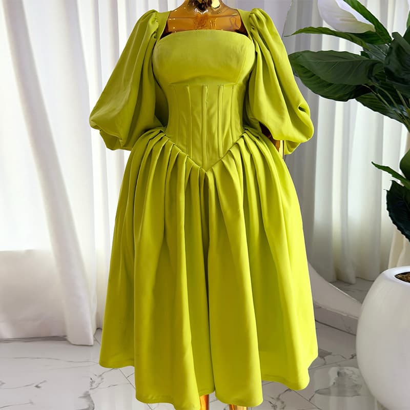 Women's Clothing New Sweet And Fresh Square Neck Waist Tie Lantern Sleeve A Line Dress Long Skirt