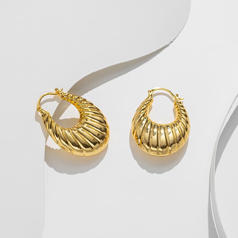 Hollow Thread Spiral Oval Ear Ring Personalized Coarse Heavy Duty Ear Ring Brass Plated with True Gold